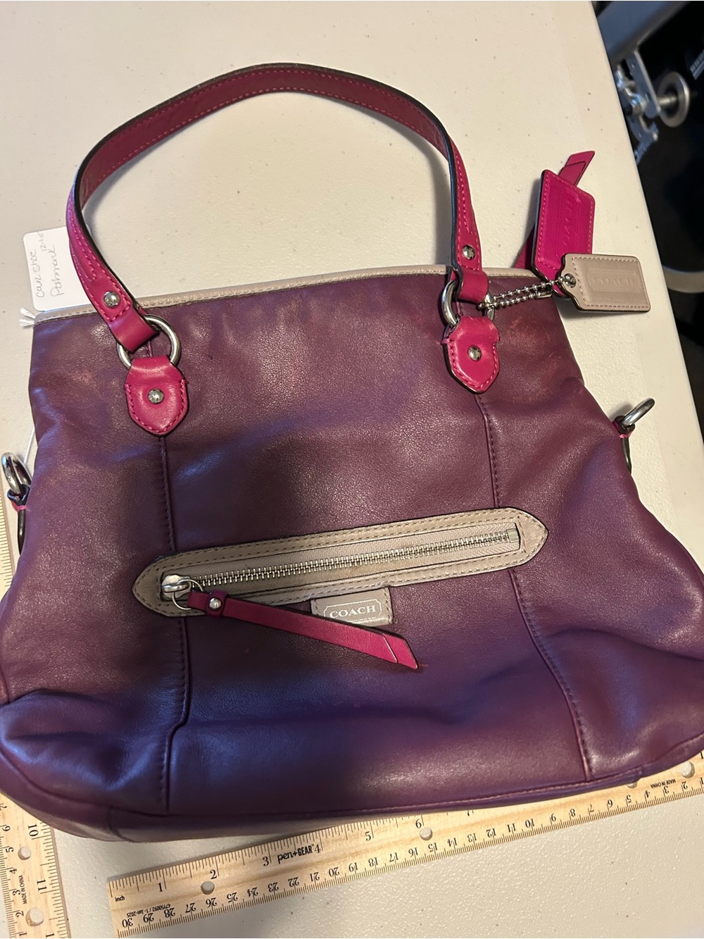 Coach Plum Leather Shoulder Bag with Pink Trim